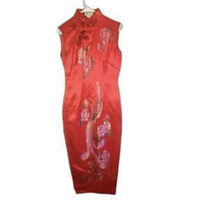 Elegant Red Floral Maxi Dress Cheongsam Qipao Small